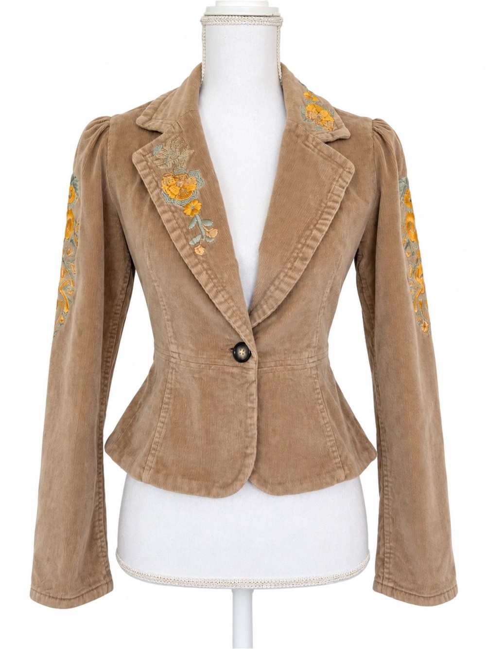 Y2K True Meaning Tan Corduroy Blazer with Yellow Floral Embroidery XS Vintage - Picture 3 of 10